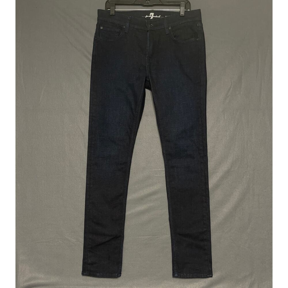 7 For All Mankind dark-wash tapered skinny jeans. sz 33 modern casual chic